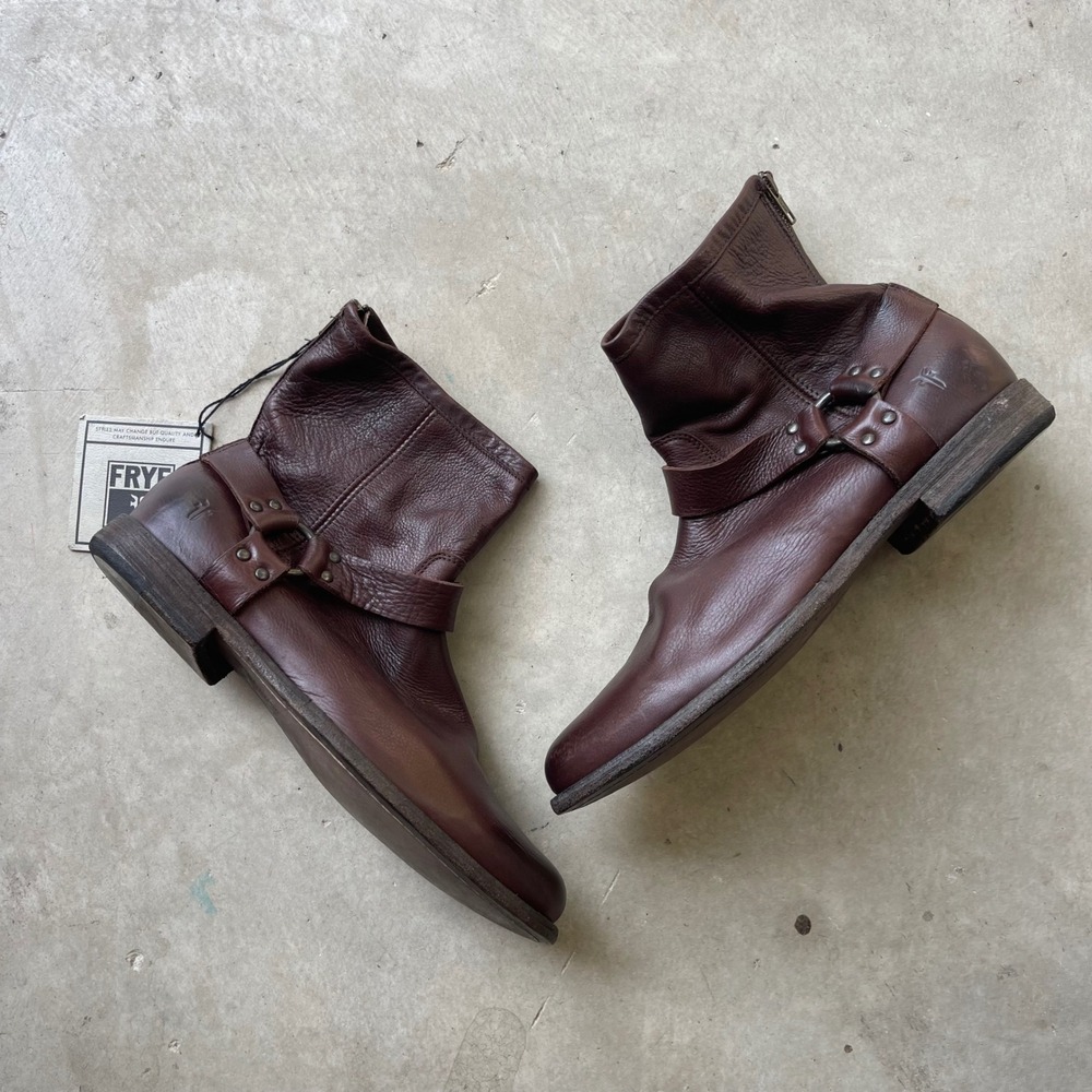 Frye Mens Harness Ankle Boots Dark Brown Leather Vintage 3487870 DBN Size 12 D